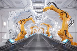 Robotic arm in futuristic assembly manufacturing factory