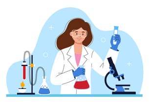 Young female scientist in safety goggles working in laboratory with microscope and test tubes. Chemistry research experiment with burner and flasks. Professional flat vector illustration for study.