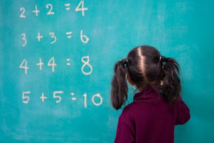 Student child girl standing in front of the classroom and thinking about answer of multiplication table or mathematic. Education concept.