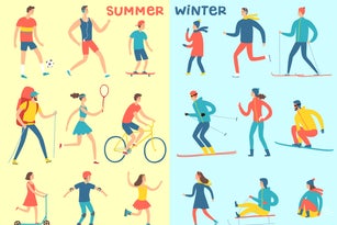 Winter and summer activities cartoon set