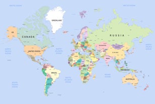 Highly detailed political map of the world with borders countries and cities