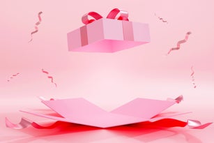 Open gift box and festive confetti on pink background. 3D pattern, template, place for showing product. Happy anniversary, happy birthday, happy Valentine's Day, Merry Christmas, Wedding present.