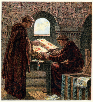 Two monks, one standing one seated, writing a book.