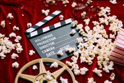 Clapperboard, film reel, film and spilled popcorn on red satin background.