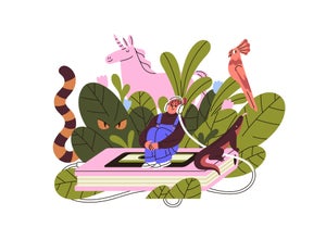 Happy girl with headphones listens to audiobook about nature, wildlife. Young woman with headset reads audio book about wild animals. Literature concept. Flat isolated vector illustration on white