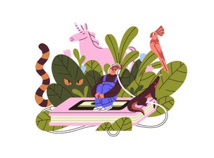 Happy girl with headphones listens to audiobook about nature, wildlife. Young woman with headset reads audio book about wild animals. Literature concept. Flat isolated vector illustration on white