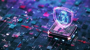 Digital security concept. Digital shield firewall with central computer processor and futuristic motherboard.
