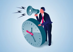 Hurry up, deadline, manager holding megaphone standing next to huge clock and shouting loudly.