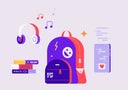 Vector illustration of teenage school bag and the items.