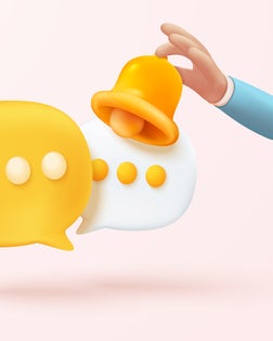 3D minimal notification bell icon with bubble speech floating around on pastel background. new alert concept for social media element. 3d bell alarm icon for message vector render illustration