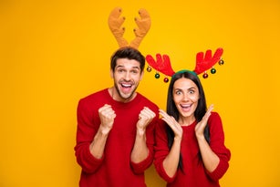 Portrait of cheerful impressed people scream wow omg wait for resolution theme party wear lifestyle red sweater isolated over yellow background