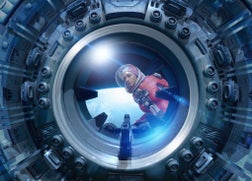 Astronaut looking into the window of spaceship, illustration