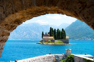 Beautiful mediterranean landscape. St. George Island near town Perast, Kotor bay, Montenegro.