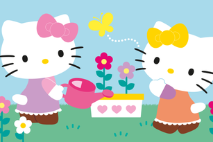 Hello Kitty and Mimmy with potted flowers