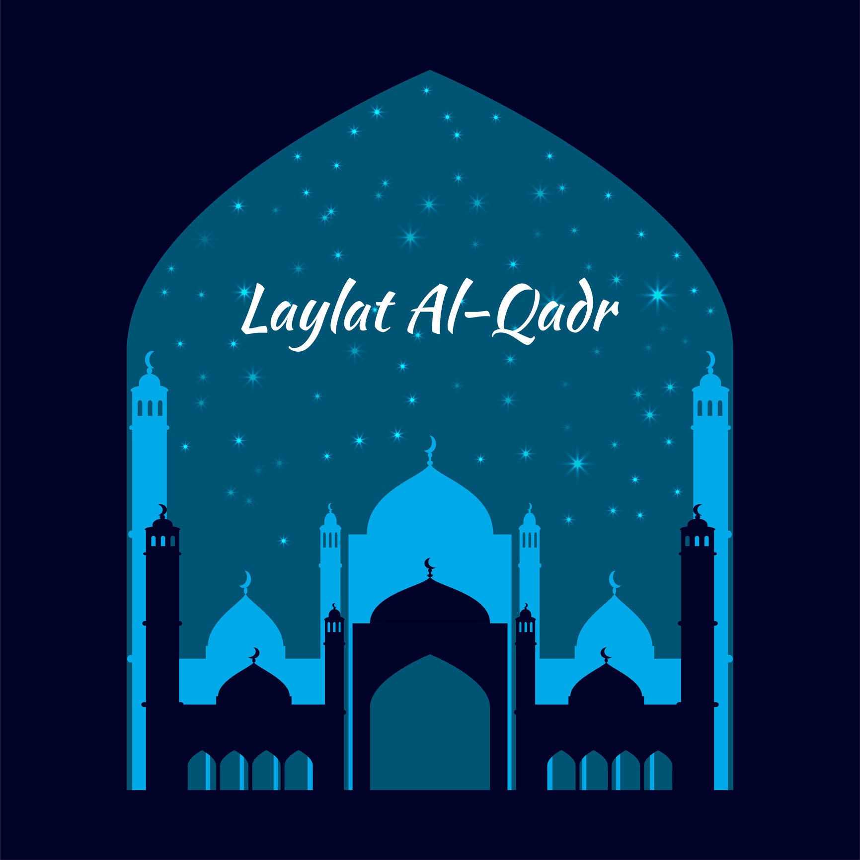 The Muslim feast of the holy month of Ramadan Laylat al-Qadr. Vector illustration with mosque dome silhouette on starry background for greeting or invitation card, banner, flyer, poster design, template.
