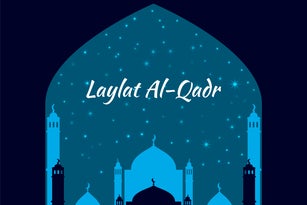 The Muslim feast of the holy month of Ramadan Laylat al-Qadr. Vector illustration with mosque dome silhouette on starry background for greeting or invitation card, banner, flyer, poster design, template.