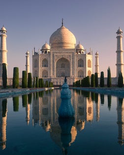 Taj Mahal at golden light of sunrise.