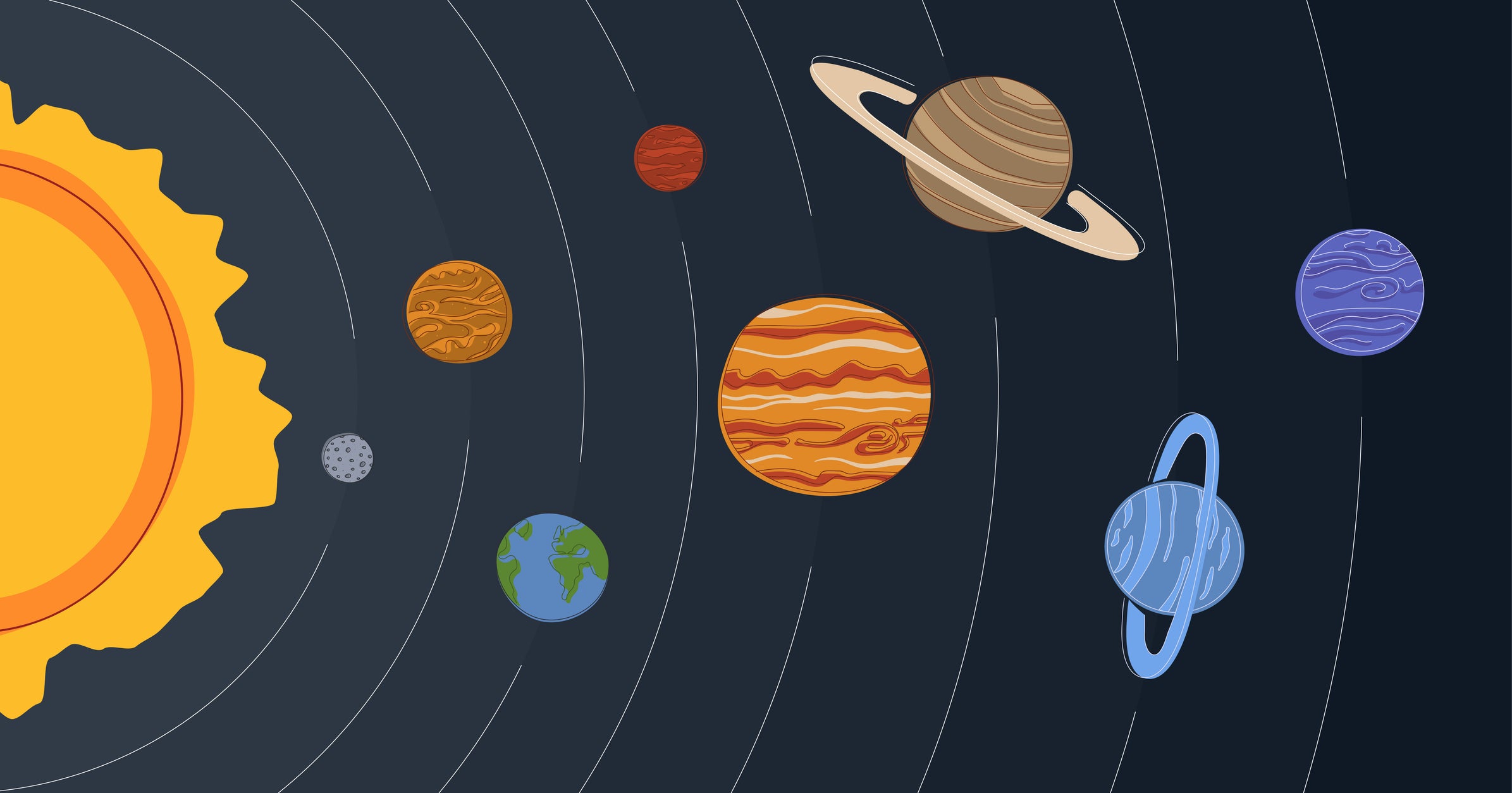 solar system with the Sun on the side and planets in correct order, placed on dark space background. Concept for science and astronomy visuals doodle flat style