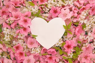 Creative layout with empty heart shaped paper card mockup on full frame spring flowers background texture. Close up of pink and white peach, cherry and apricot flowers with blank greeting card, invitation template.