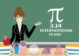 Pretty Woman Teacher explaining gesture with International Pi Day lettering