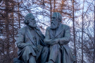 The statues of Karl Marx and Friedrich Engels in Petrozavodsk, a capital of Karelia, Russia