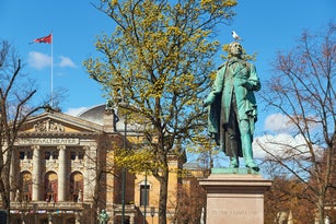 View of the monument to Henrik Wergeland on Eidsvolls plass Spikersuppa near the National Theater in Oslo, Norway
