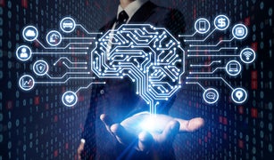 AI (Artificial Intelligence) concept. Electronic circuit. Communication network.