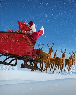 Santa Claus riding on sleigh against snowy landscape