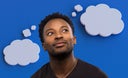 visionary man thinking imagination concept dream white clouds on blue background inspiration