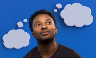 visionary man thinking imagination concept dream white clouds on blue background inspiration
