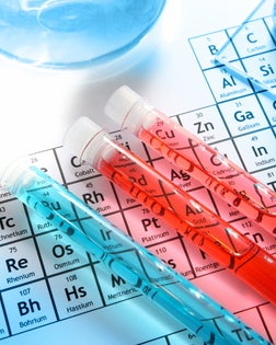 Chemistry research laboratory, glass equipment, test tubes, element periodic table