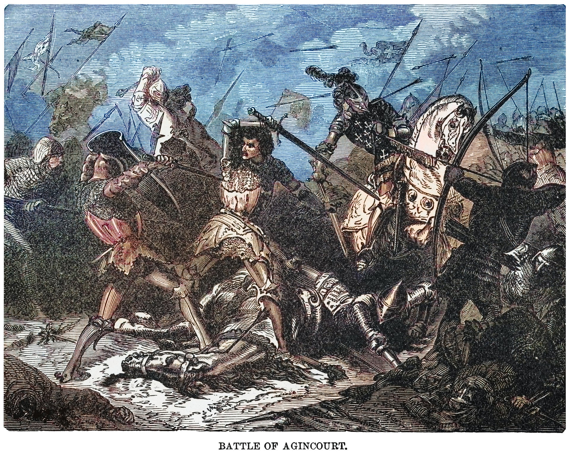 Old engraved illustration of the battle of Agincourt, an English victory in the Hundred Years' War, on 25 October 1415 (Saint Crispin's Day) near Azincourt, in northern France