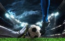 Close up of a football action scene with competing soccer players at the stadium