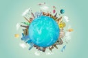 World religious and architecture monuments - collage or globe from different religions