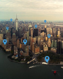 Map pin flat in New York city scape and network connection concept.