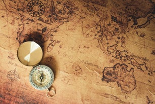Navigator explore journey with compass and world map., Travel destination and planning vacation trip., Vintage concept.
