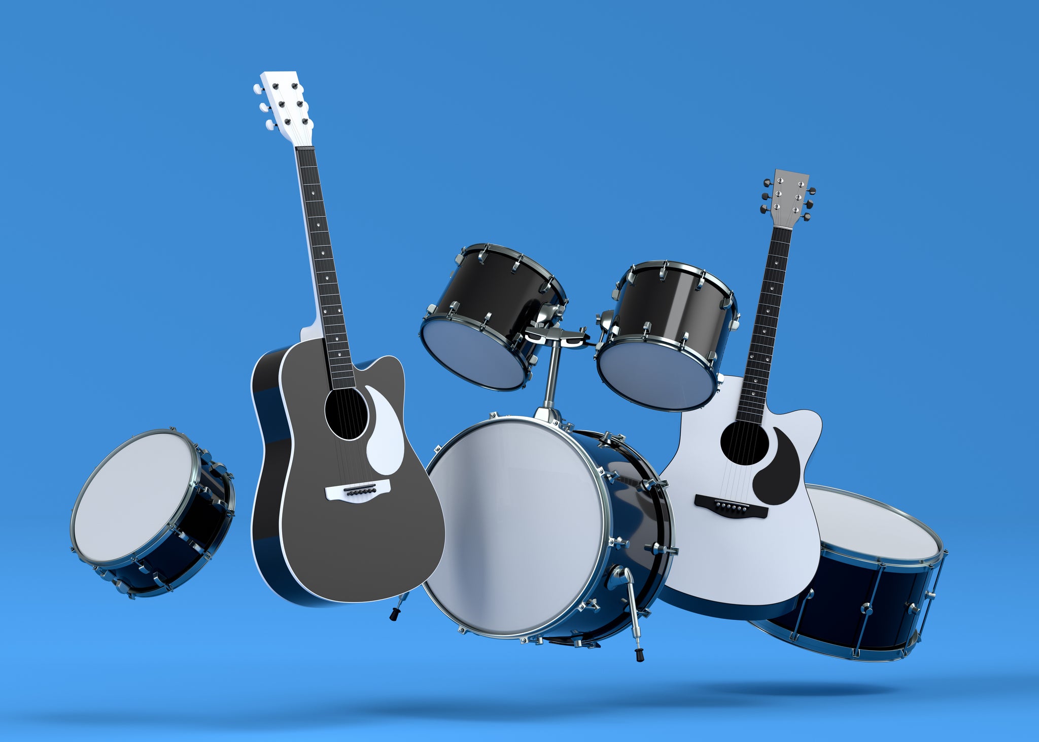 Set of electric acoustic guitars and drums with metal cymbals on blue background