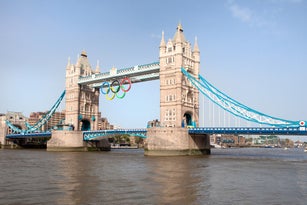 Tower bridge decorated with Olympic rings  London 2012 UK