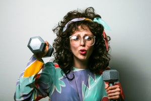 80s Workout Woman Lifting Weights, 80s Woman Exercising, Woman Lifting Barbells