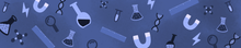 A pattern of magnets, DNA strands, magnifying glasses, beakers, and similar science-related items