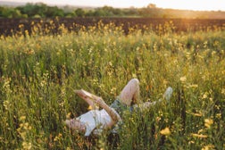 Young woman lies on a flowering meadow in the grass and reading a book