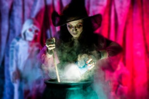 Halloween:  Witch cooking her brew for special guests. Zombie. Cauldron.