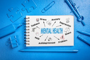 Mental Health Concept. Chart with keywords and icons. Abstract blue office desk