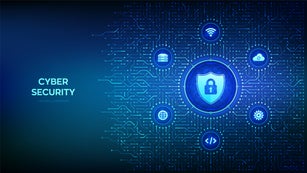 Security shield. Cyber security. Shield with Lock with keyhole icon. Cyber data protection. Information privacy idea. Background with circuit board connections and tech icons. Vector Illustration.