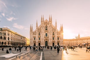Piazza del Duomo square and Duomo di Milano cathedral on a sunny morning, Milan, Lombardy, Italy
