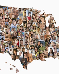 Collage of business people in shape of United States map
