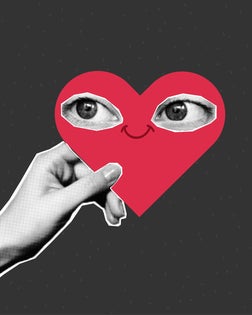 Halftone collage banner, hand holding heart with eyes.