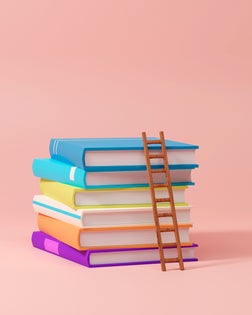 Colorful books on row with little ladder on colorful background. 3d rendering