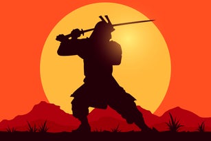 Vector Illustration Sillhouette Of Samurai Worrior With Sword On Sunset Backgound