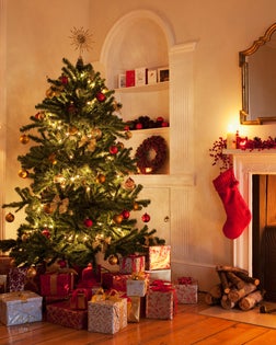 Christmas tree with gifts near fireplace